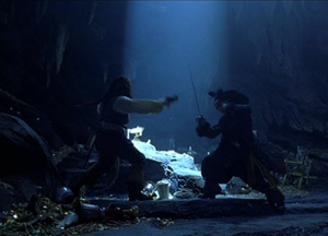 Duel entre Jack Sparrow et Barbossa.
