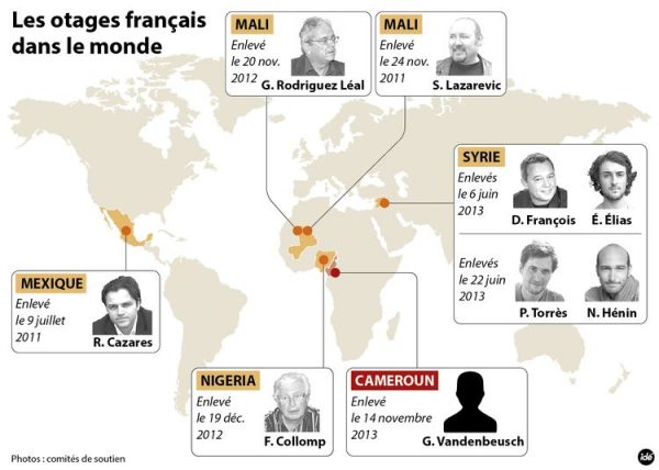 Carte des otages Français dans le monde