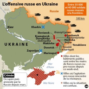 On voit sur cette carte les villes en Ukrainne où les pro-russes dominent lors de la crise ukrainienne.