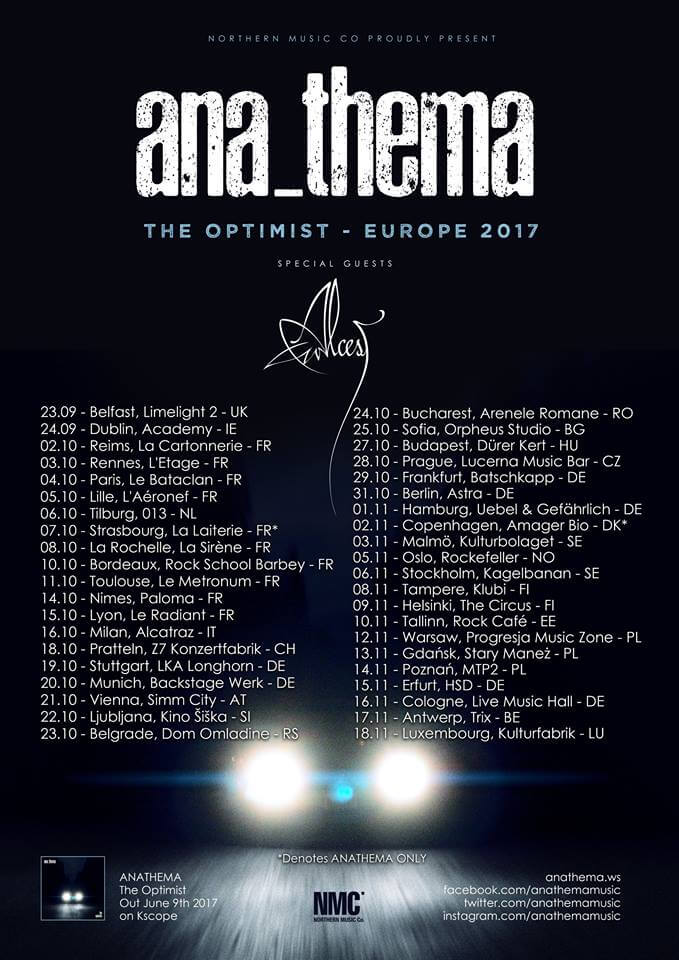 Affiche de la tournée européenne The Optimist d'Anathema